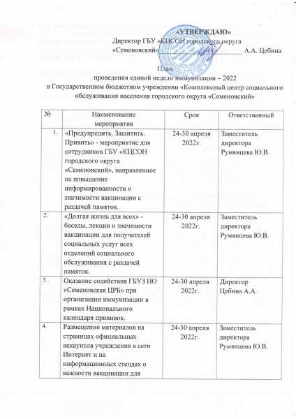 План проведения единой недели иммунизации - 2022